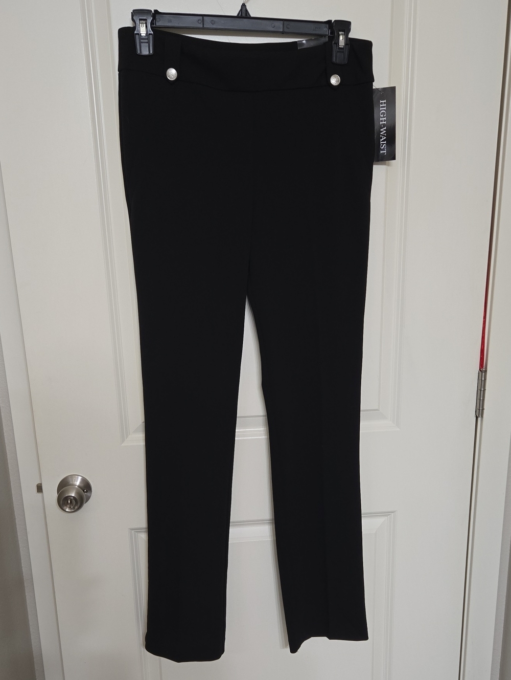 Soho Black High-Waist Straight-Leg Pants with Silver Button Accents